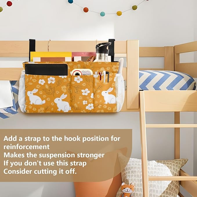 Bedside Caddy Hanging Bunk Bed Caddy Bed Organizer Hanging Pocket with 2 Hooks Bedside Storage Organizer Pocket Bag Holder White Flowers Bunny Orange Leaf