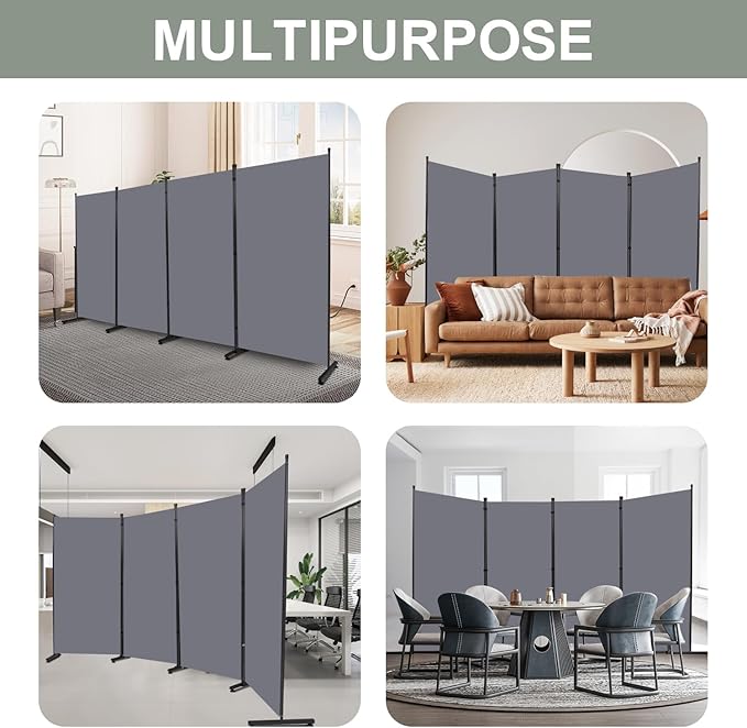 Room Divider Folding Privacy Screens with Wheels, 6FT Tall Divider for Room Separation, Movable Room Partitons and Dividers, Indoor Room Dividers Panel with Fabric (Grey, 4 Panel-136‘’-Round Pad)