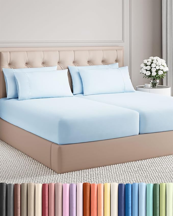 Split King 7 Piece Sheet Set - Cooling & Breathable - Hotel Luxury Bedding, Includes Fitted Sheets for Women, Men, Kids & Teens - 1 Flat, 2 Fitted Sheets, 4 Pillowcases with Deep Pockets - Baby Blue