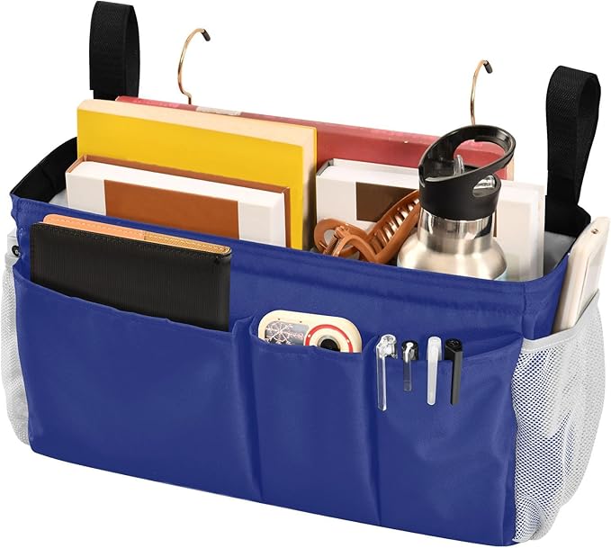 Blue Bedside Caddy Storage Bag Bedside Organizer for Bunk Bed Headboards College Organizer Caddy Hanging Shelf 6 Pockets with Hooks for Book Glasses Phone Holder