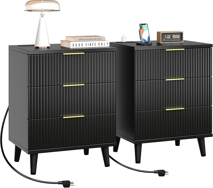 Fluted Night Stand Set of 2 with USB Charging Station, 3-Drawer Dresser Black Wood Modern Night Stand Bedside Table with Quiet Drawers & Large Storage End Table for Bedroom