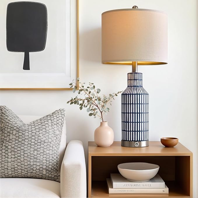 25" Modern 3-Way Dimmable Touch Control with USB A+C Ceramic Lamps Set of 2 Table Lamp for Living Room Bedroom Farmhouse Nightstand Bedside Blue