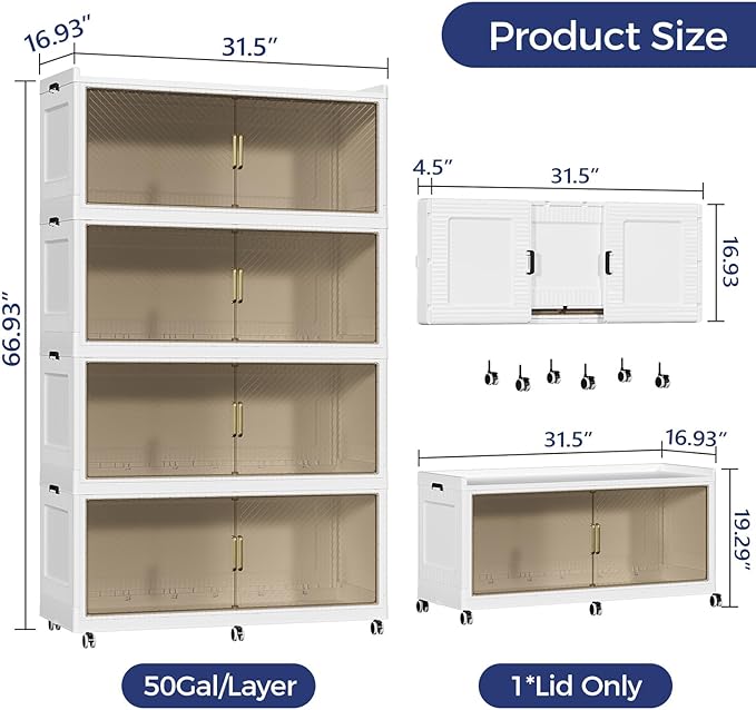 200GAL Extra Large Storage Bins with Lid, 800QT Collapsible Organizer with Wheels, Stackable Closet Cabinet with Doors, Folding Storage Containers for Home, Office, Kitchen, 4Pack White