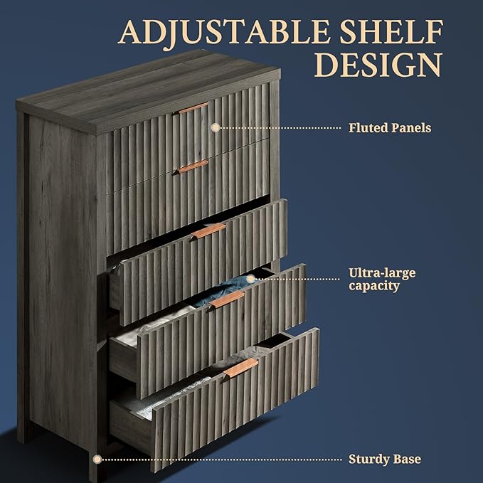 5 Drawers Dresser for Bedroom, 44 Inches Tall Modern Bedroom Dressers, Chest of Drawers for Bedroom, Fluted Dresser for Closet Organizer for Living Room, Hallway, Entryway (Midnight Oak)