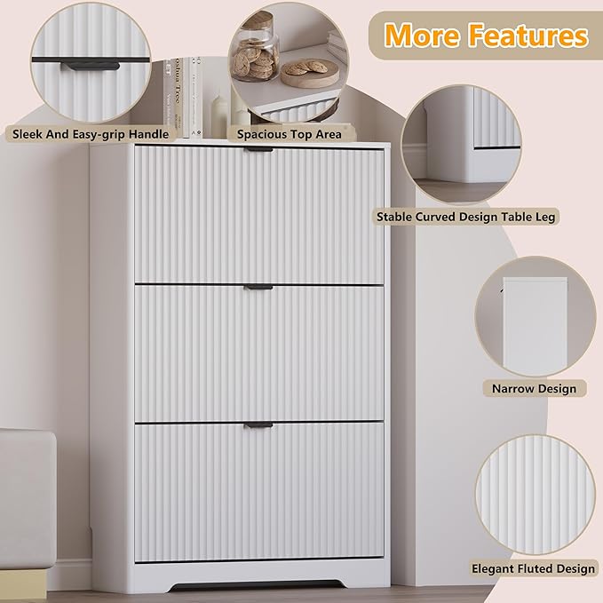 Entryway Shoe Cabinet with 3 Flip Drawers, Narrow Shoe Organizer Cabinet with Fluted Panel and Adjustable Shelves for Foyer, Hallway