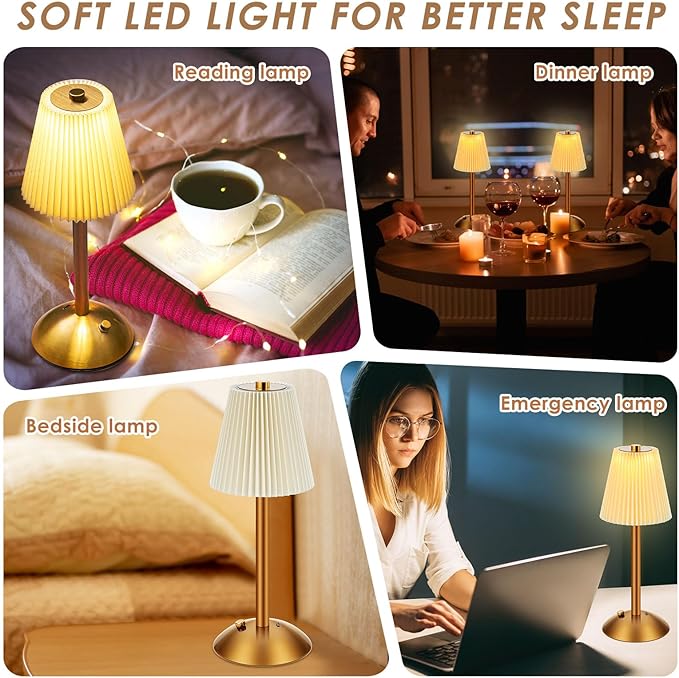 Liliful 4 Pcs Cordless Table Lamp Rechargeable Touch LED Small Gold Portable Battery Operated USB-c Desk Lamp 3 Color Dimmable for Bedroom Living Room Dining (Gold,Beige Cloth Style)