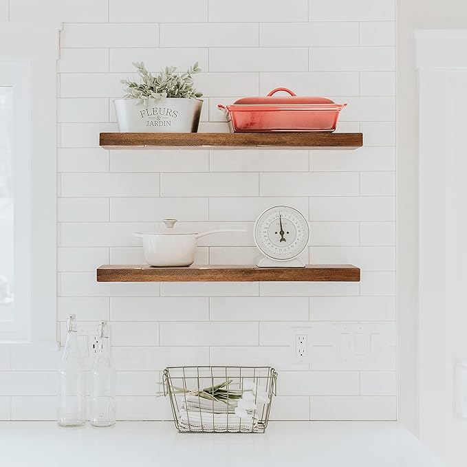 URBANDI, Rustic Floating Shelves, Set of 2, Hidden Bracket, Solid Wood, Heavy Duty, Wall Mounted Shelves, (Provincial, 24Wx8D)