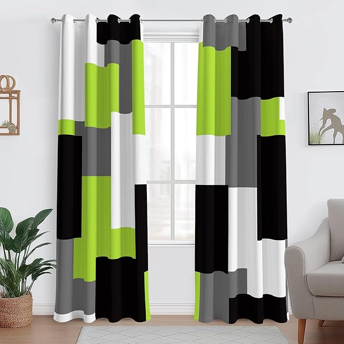Lime Green 100% Blackout Curtains for Bedroom 96 inch Length 2 Panels Set Light Fresh Modern Abstract Geometric Black Out Curtains Insulated Room Darkening Window Drapes for Living Room, 52Wx96L