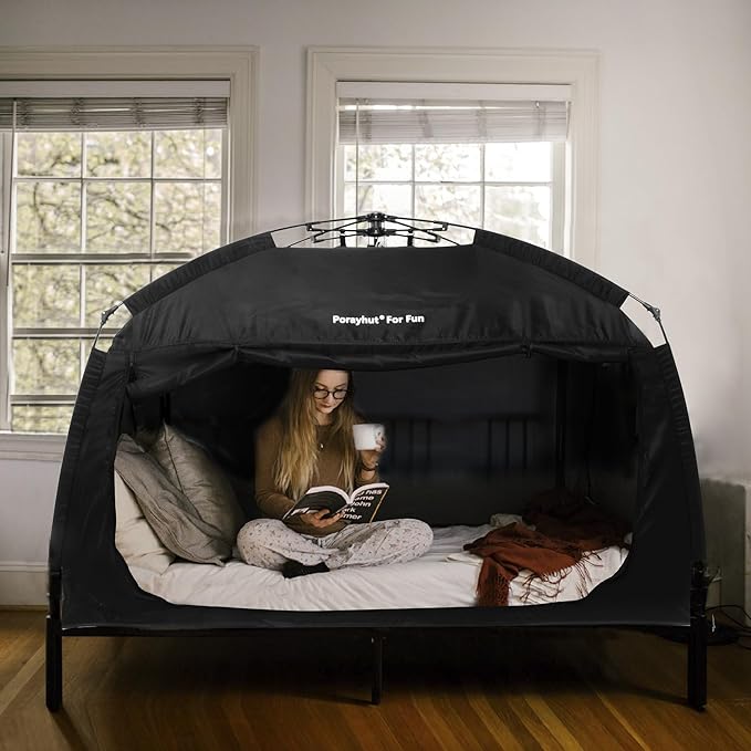 Indoor Instant Privacy Bed Tent for Sleeping,Quick Set-up Bed Canopies,Portable Bed Drapes with Large Space and 3 Doors (Black, Full)