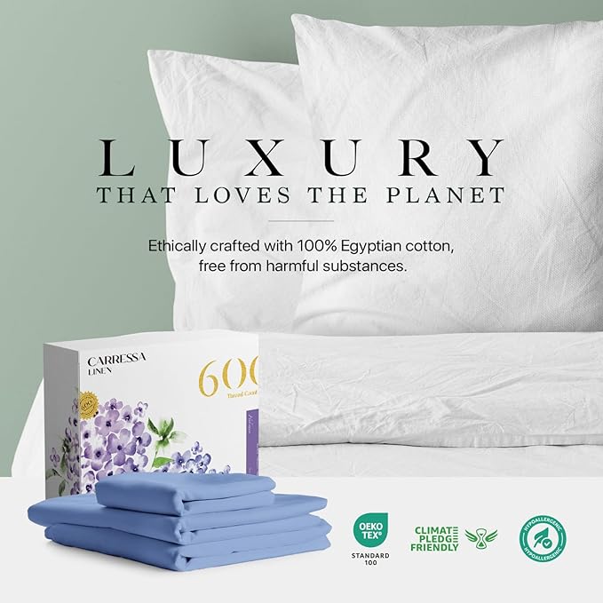 Carressa Linen 100% Egyptian Cotton Twin Sheets Set - 600 Thread Count Egyptian Cotton Luxury Twin Sheets (3 PC, Marine Blue), 16" Deep Pocket, Soft, Cooling, Sateen Weave College Dorm Room Bedding