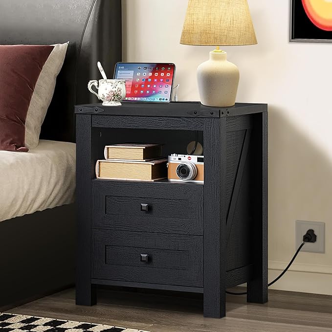 Joaxswe Nightstand with Charging Station, Farmhouse Night Stand with 2 Drawers and Shelf Storage, Wooden Side End Table, Bedside Cabinet for Bedroom, Living Room, Closet, Office (Black)