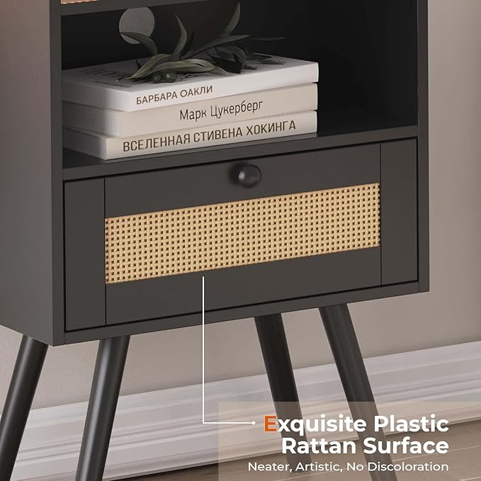 SUPERJARE Nightstand with Charging Station & Rattan-Like Decor Drawer, Rattan End Table with Solid Wood Feet, Bed Side Table with Open Storage, for Bedroom, Living Room, Dormitory - Black