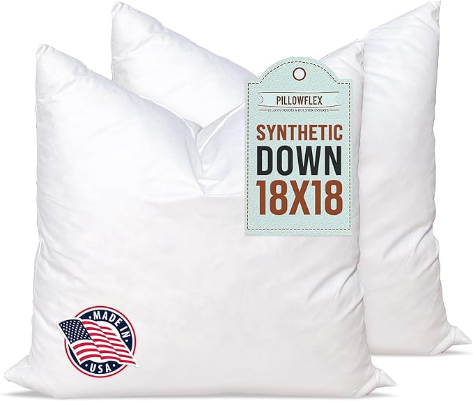 Pillowflex Synthetic Down Alternative Pillow Inserts for Shams - Comfy Pillows for Sleeping, Perfect Pillow & Best Sleeping Pillows, Handmade Down Alternative Throw Pillow Inserts - (18x18 Set of 2)