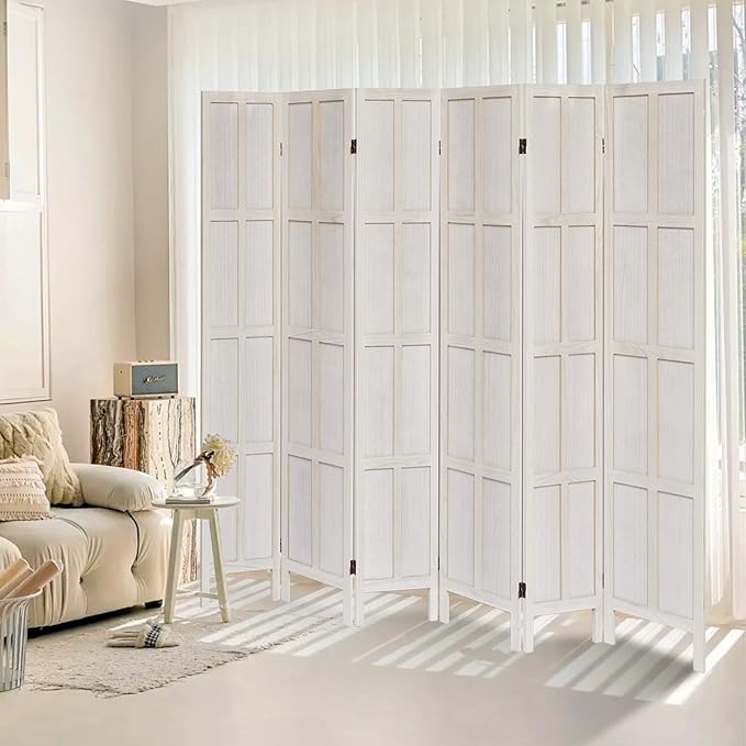 6 Panel Room Divider, 5.6Ft Wood Room Dividers and Folding Privacy Screens, Room Divider Wall Freestanding Room Partitions, Room Dividers Screen for Home Office Bedroom, White