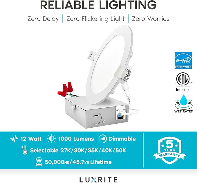 LUXRITE 12 Pack 6 Inch Ultra Thin LED Recessed Light with J-Box, 12W, Color Temperature Selectable 2700K | 3000K | 3500K | 4000K | 5000K, Dimmable Wafer Light, 1000 Lumens, Energy Star, IC Rated