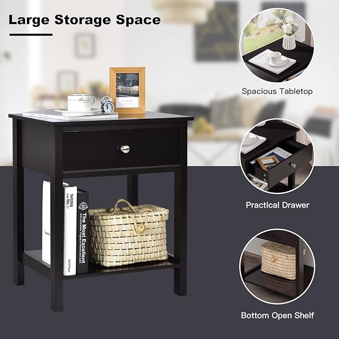 Giantex Nightstand Set of 2, Wood End Table with Drawer and Open Shelf, Night Stand for Small Spaces, 2-Tier Bedside Table for Living Room Bedroom Dorm, Easy Assembly, Black