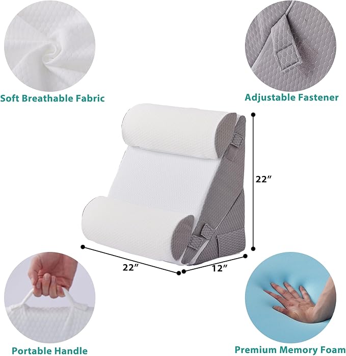 Bedluxe Adjustable 4pcs Bed Wedge Pillow Set, Memory Foam Wedge Pillows Post Surgery for Back, Neck, Leg Pain Relief, Pillow Wedge for Sleeping, Sitting up in Bed, Acid Reflux and GERD, White/Grey