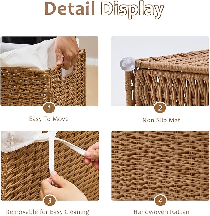 Slim Wicker Laundry Hamper, 75L Handwoven Rattan Basket with Handles, Narrow Laundry Basket with Removable Liner Bag & 2 Mesh Bags