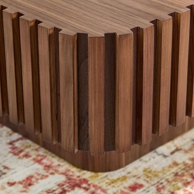 LKTART Square Coffee Table for Living Room, Accent Fluted Coffee Table with Storage, Modern Solid Wood Veneered Large Center Tea Table for Small Space Apartment (35.4''D×16''H-Walnut)