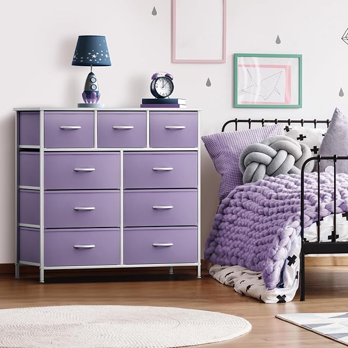 Sorbus Kids Dresser with 9 Drawers - Furniture Storage Chest Tower Unit for Bedroom, Hallway, Closet, Office Organization - Steel Frame, Wood Top, Fabric Bins (Purple, Solid)