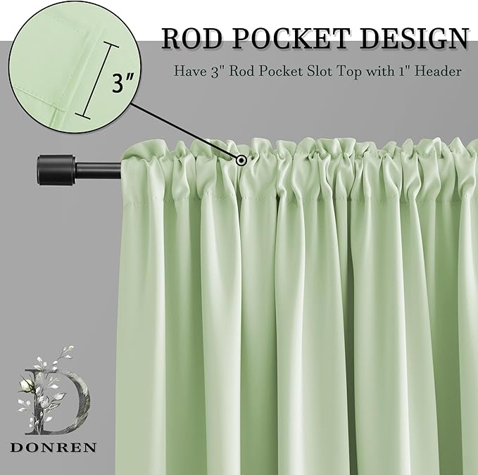 DONREN Light Green Blackout Curtains 48 inches Long for Short Window, Rod Pocket Thermal Insulated Energy Efficiency Window Draperies for Kids Room (2 Panels, 52-inch Wide by 48-inch Long)
