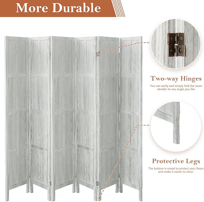 Wood Room Divider 6 Panel Folding Privacy Screen, Classic 5.6Ft Indoor Wooden Partition, Portable Partition Wall Divider for Room Separation, Home, Office, Bedroom, Restaurant (White)