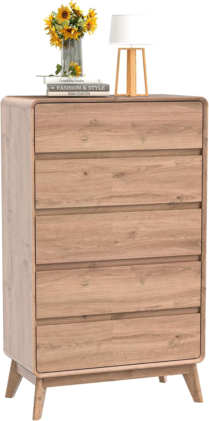 50" Tall Dresser for Bedroom, Vertical Dressers with 5 Drawers and Curved Profile Handleless Design, Chest of Drawers with Natural Texture for Living Room, Hallway and Entryway,Walnut