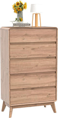 50" Tall Dresser for Bedroom, Vertical Dressers with 5 Drawers and Curved Profile Handleless Design, Chest of Drawers with Natural Texture for Living Room, Hallway and Entryway,Walnut