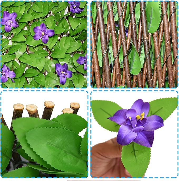 GLANT Expandable Fence Privacy Screen for Balcony Patio Outdoor,Decorative Faux Ivy Fencing Panel,Artificial Hedges (Single Sided Leaves) (2, Purple Flowers)
