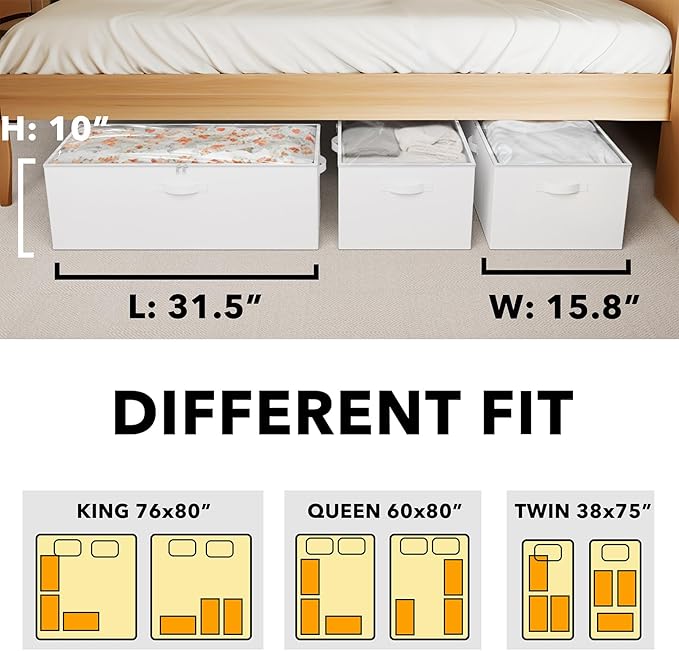 SpaceAid 3 Pack 10" High Under Bed Storage Containers, Large Underbed Storage Organizer Bins with Lids for Bedroom, Dorm, Clothes, Closet Organization, Bed Sheets and Blankets (White)
