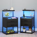 VIAGDO Nightstands Set of 2 with Charging Station, LED Night Stand with 2 Drawers, Black Modern Bedside Tables with Open Storage Shelves, End Side Tables for Bedroom, Office