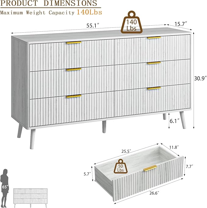 CARPETNAL Fluted 6 Drawer Dresser for Bedroom, 55" Wide Wooden Chest of Drawers with Rounded Corners, Gold Handles, Modern Storage Organizer for Bedroom, Hallway(White)