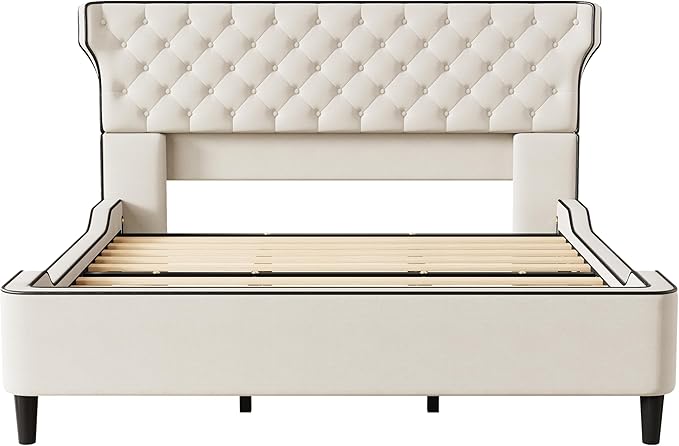 Christopher Knight Home Salus Linen Upholstered King Size Bed Frame with Headboard, Modern King Bed Frame and Headboard, Wooden Slats Support, Easy Assembly, No Box Spring Needed, Beige