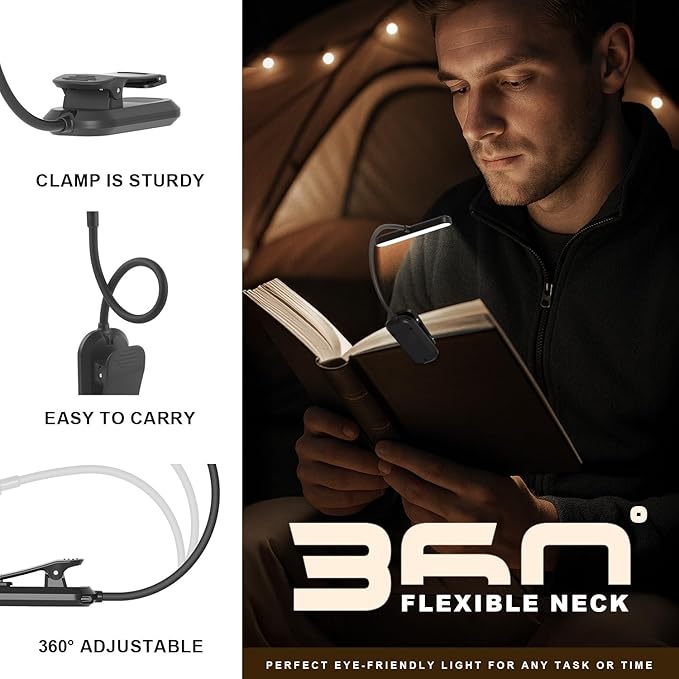 Rechargeable Book Lights for Reading at Night 25 LED - Eye Caring 15 Level Stepless Dimming, Extended 60Hrs Runtime, Lightweight Clip on Light, Gifts for Book Lovers, Black