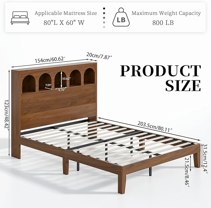 Queen Bed Frame with Storage Headboard 5 Arched Storage Compartments, 12.4 Inch Farmhouse Wooden Queen Bed Frame, No Box Spring Needed, No Noise (Walnut)