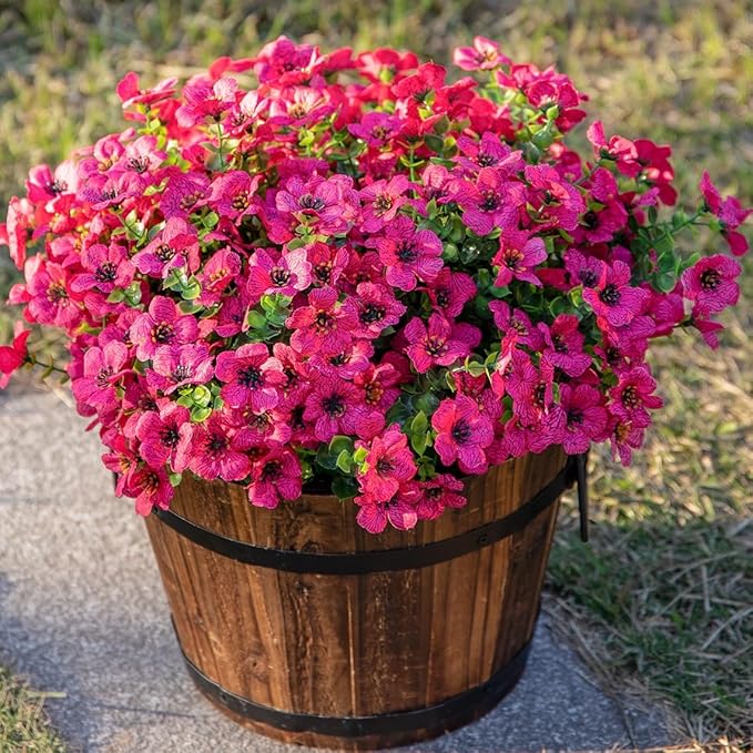 HyeFlora Artificial Flowers for Outdoor Indoor Garden Home Decoration, Faux Flower Daisy with Eucalyptus Leaves Fake Plants Greenery Boxwood Porch Patio, 12 Bundles (Rose Red)