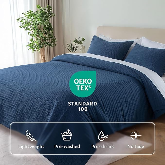 KASENTEX Queen XL Quilt Set 98"x98" – Soft Washed 3-Layer Lightweight Bedspread, Minimalist Nordic Design, All-Season Spring & Summer Quilt Set (1 Quilt + 2 Pillow Shams),Dress Dark Blue