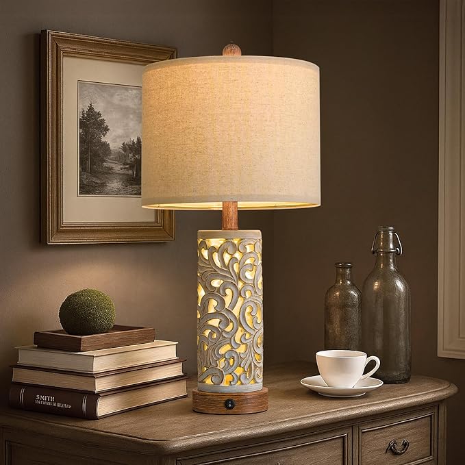 OYEARS 22'' Table Lamp Set of 2 for Living Room,Farmhouse Lamp for for Bedroom,Vintage Retro Bedside Lamps with USB Ports Linen Shade for Home Office (Brown, Bulb Included)