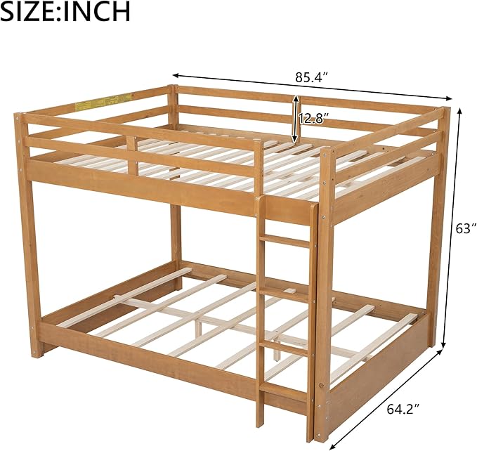 Bellemave Queen Over Queen Size Bunk Bed for Kids/Adults,Solid Wood Bunk Bed Frame Queen Size with Ladder & Safety Guardrails,Wood Color