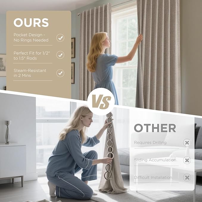 Joydeco Blackout Curtains for Bedroom - Natural Linen Curtains 37 X 90 inch, Thermal Insulated 100% Blackout 2 Panels Light Blocking Drapes, Rod Pocket & Back Tabs, Darkening Privacy for Living Room