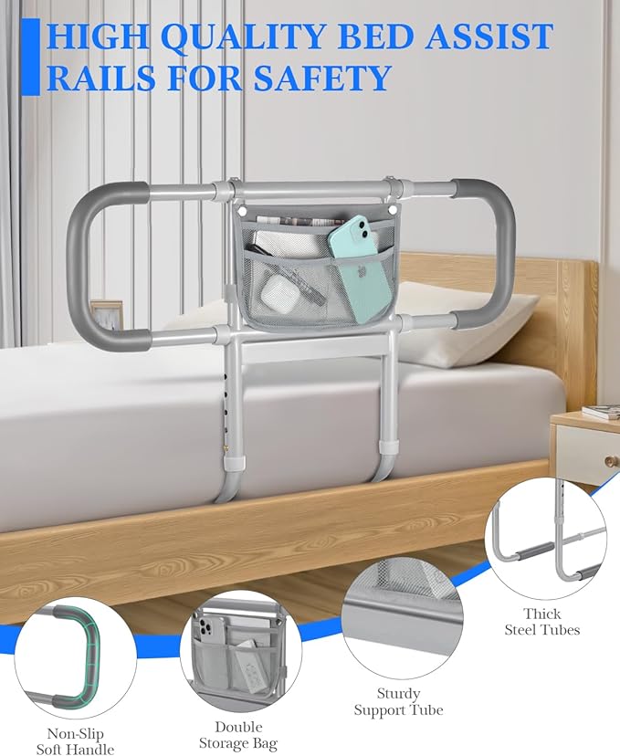 Bed Rails for Elderly Adults Safety, Extended Bed Assist Rail for Seniors with Motion Sensor Light - Adjustable Side Bed Guard Rails Handle Support Bar with Storage Bag, Fit King Queen Full Twin Beds