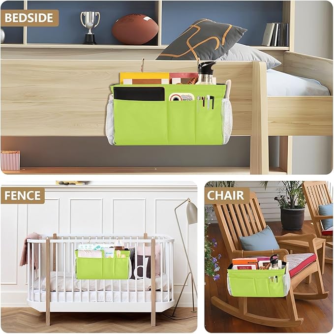 KOPIRIT Neon Yellow Bedside Caddy Storage Bag Bedside Organizer for Headboards Bunk Beds Organizer Caddy Hanging Shelf 6 Pockets with Hooks for Magazine Water Bottle Holder
