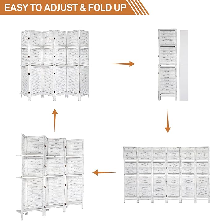 Bonnlo 6 Panels Wood Room Divider with Shelves, 6 FT Height Folding Privacy Screens, Indoor Freestanding Room Partition Wall Divider, Hinged Space Separator (Grey, 6 Panel)