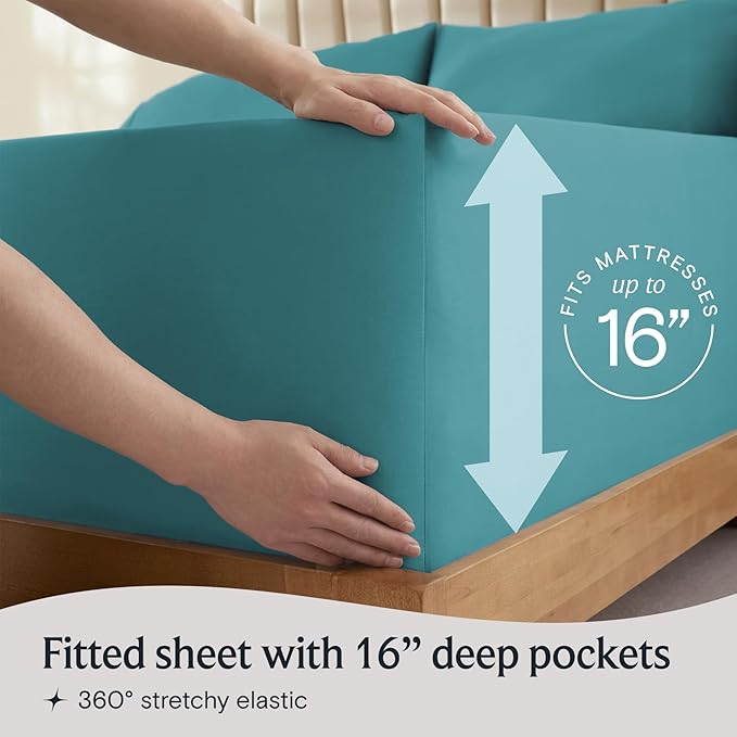 LuxClub 4 PC Queen Sheet Set, Deep Pockets Wrinkle Free Cooling Bed Sheets Hotel Bedding for Women, Men, Includes 1 Fitted Sheet, 1 Flat Sheet and 2 Pillowcases-Silky Soft Teal