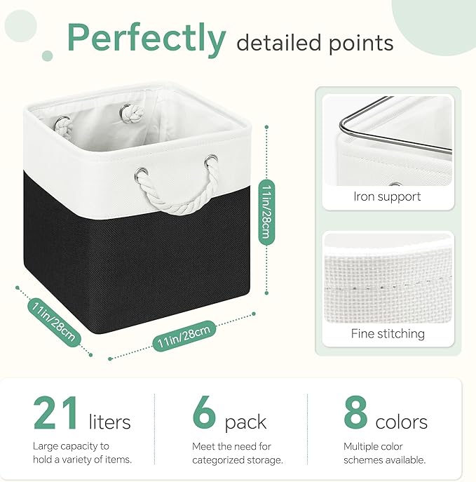 Large 11x11 Inch Cube Storage Bins with Cotton Handles for Closet, Shelves, Clothes, Towel (White/ Black-6 Pack)