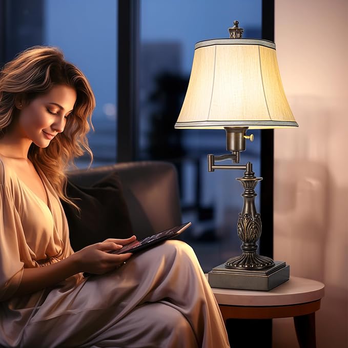 Scenekoy 23.5" High Rustic Traditional 350° Adjustable Swing Arm Table Lamp Set of 2 with USB A+C Ports Brown Finish Cream Shade Vintage Nightstand lamp for Living Room Bedroom Office (Bulb Included)