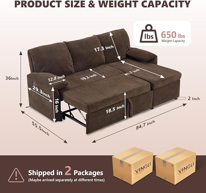 VINGLI Convertible Sofa Bed Couches for Living Room, Sleeper Sofa with Pull Out Couch Bed, Cloud-Like Plush Fleece L-Shape Sectional Couch with Storage Chaise, USB Charging, Side Pockets (Dark Brown)
