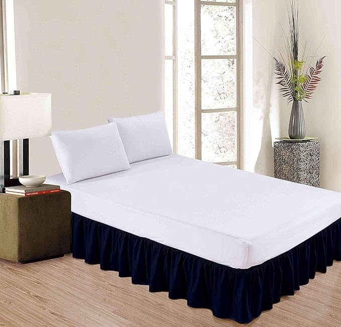 Navy Blue Solid Ruffled Bed Skirt Cal-King-16 Inch Drop Split Corner, Microfiber Bedskirt with Platform Three Sided Coverage