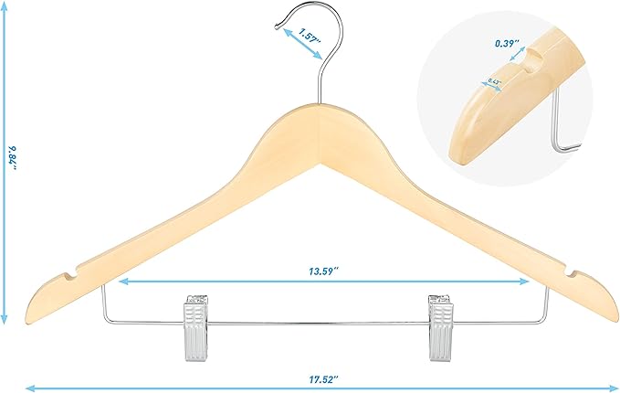TOPIA HANGER Wooden Hangers with Adjustable Metal Clips and 360° Swivel Hook, Premium Wood Clothes Hangers 10 Pack for Suit, Pant, Skirt, Jeans, Coat, Jacket-CT28N