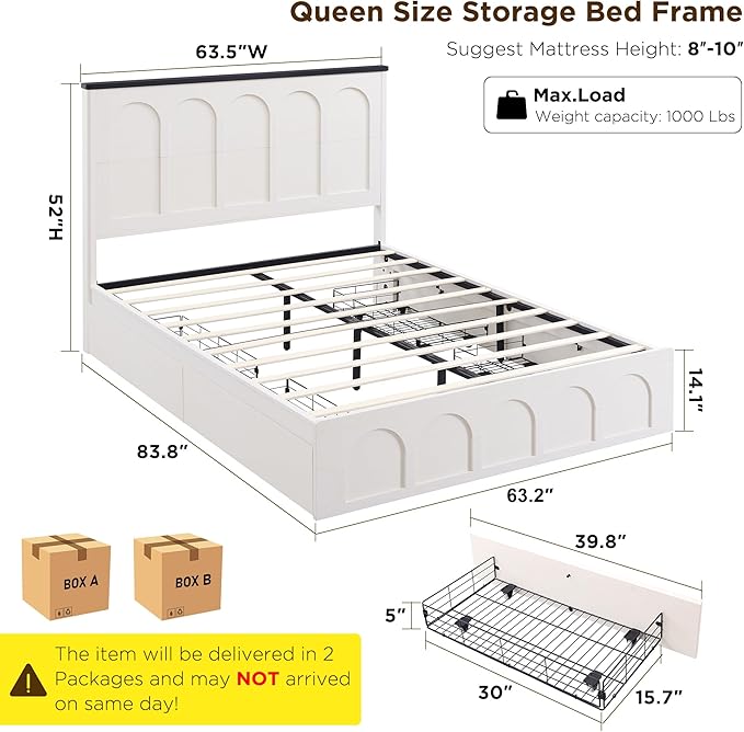 ACCOHOHO Queen Size Bed Frame Modern with 52" Tall Arched Recessed Headboard and 4 Drawers, Solid Wood Slats Support, Wood Platform, Noise Free, No Box Spring Needed, Antique White